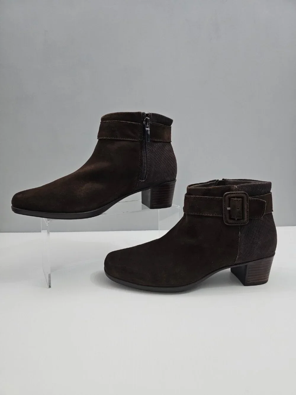 Munro Callie Zip Ankle Boot Womens 8.5 Brown Suede Comfort Low Heel Buckle Strap